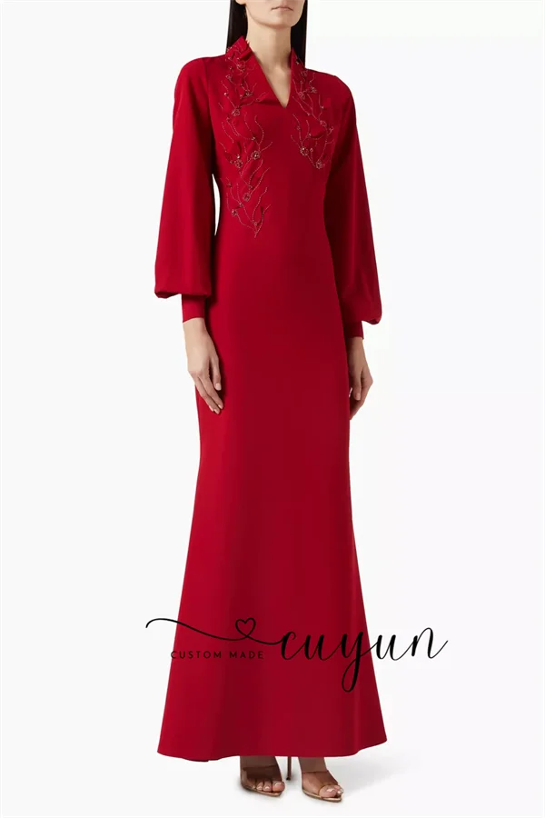 CUYUN – robe de soirée personnalisée, ornée de perles rouges, col en v, manches longues, modeste, élégante, longue robe formelle, vêtements d'invité pour fête de mariage