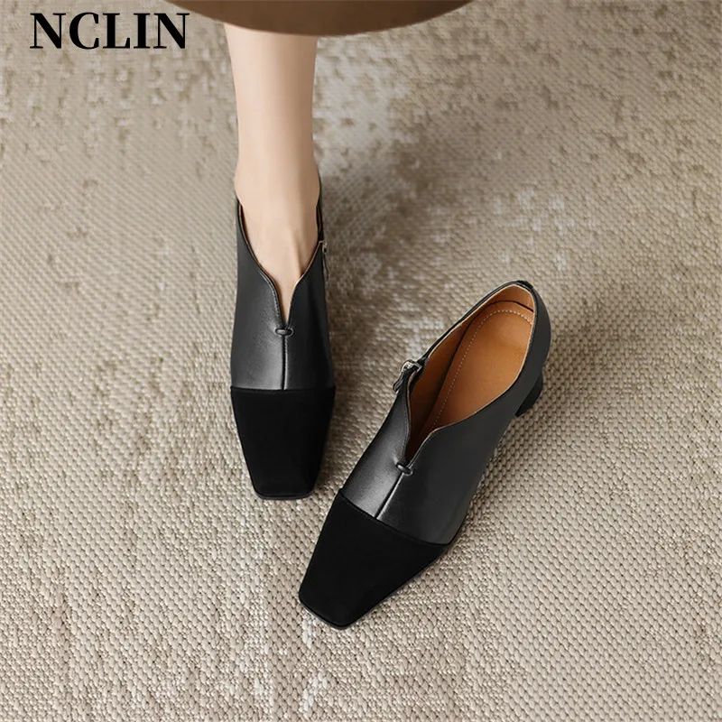 2024 Autumn Genuine Leather Loafers French Square Toe Chunky Heel High Heels Winter Women Pumps Shoes For Women Zaptos Mujer