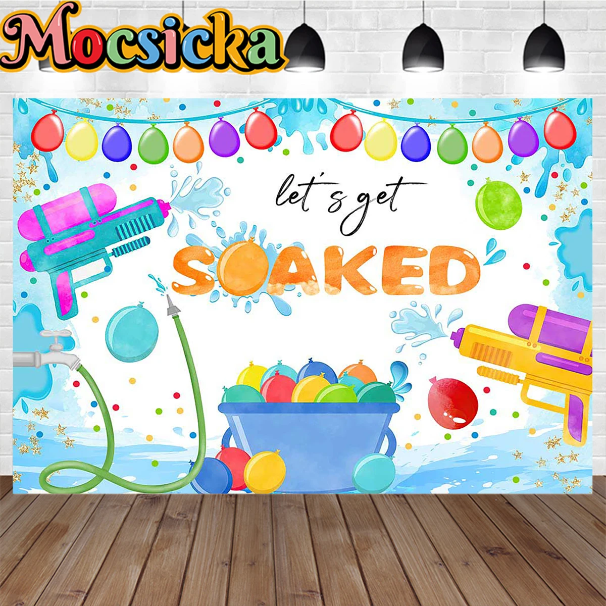 Summer Water Gun Party Background Poster Let's Soaked Blue Boy Birthday Balloon Decoration Backdrop Child Kids Studio Photocall