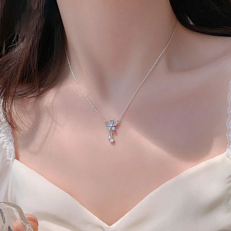 Women Blue Flower Tassel Collarbone Necklace Elegant Versatile Spring Summer Light Luxury Dainty Statement Neck Jewelry