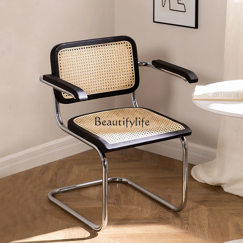 

Japanese-Style Antique Solid Wood Dining Chair Nordic Light Luxury Armrest Office Chair Retro Backrest Rattan