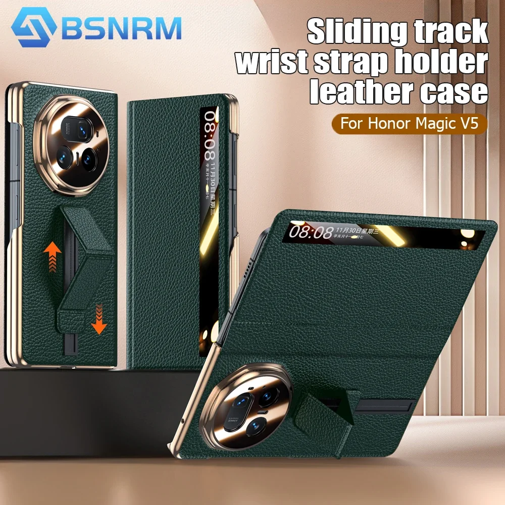 

Чехол для телефона Honor Magic V5, чехол из натуральной кожи, с ремешком на запястье, откидной чехол для защиты всего тела, зеленый цвет