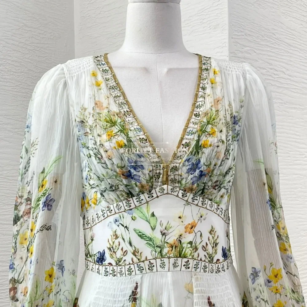 

Female Clothing White Floral Print Long Sleeve Deep V Neck Long Womens Dresses