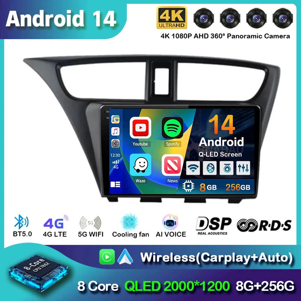 Android 14 Carplay Car Radio For Honda CIVIC Hatchback 2012 2013 2014 2015 2016 2017 Multimedia Player Navigation GPS Stereo