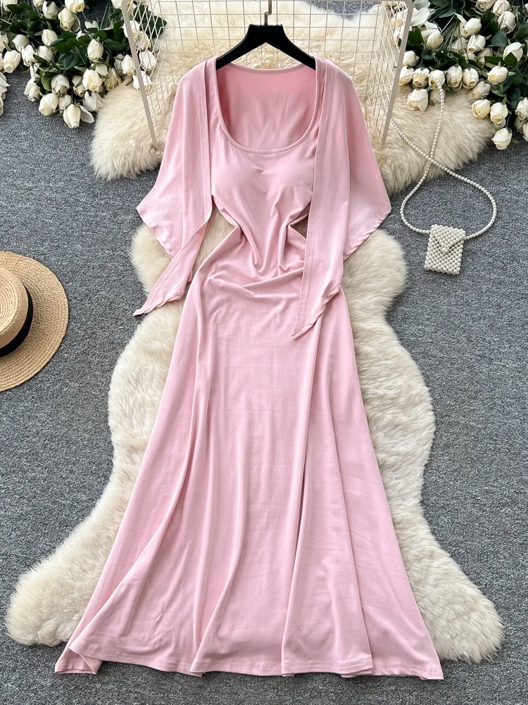 

Elegant V-neck Knitted Dress Women's Two-piece Slimming Waist High Waist Summer Fashion Set Casual Commute Style