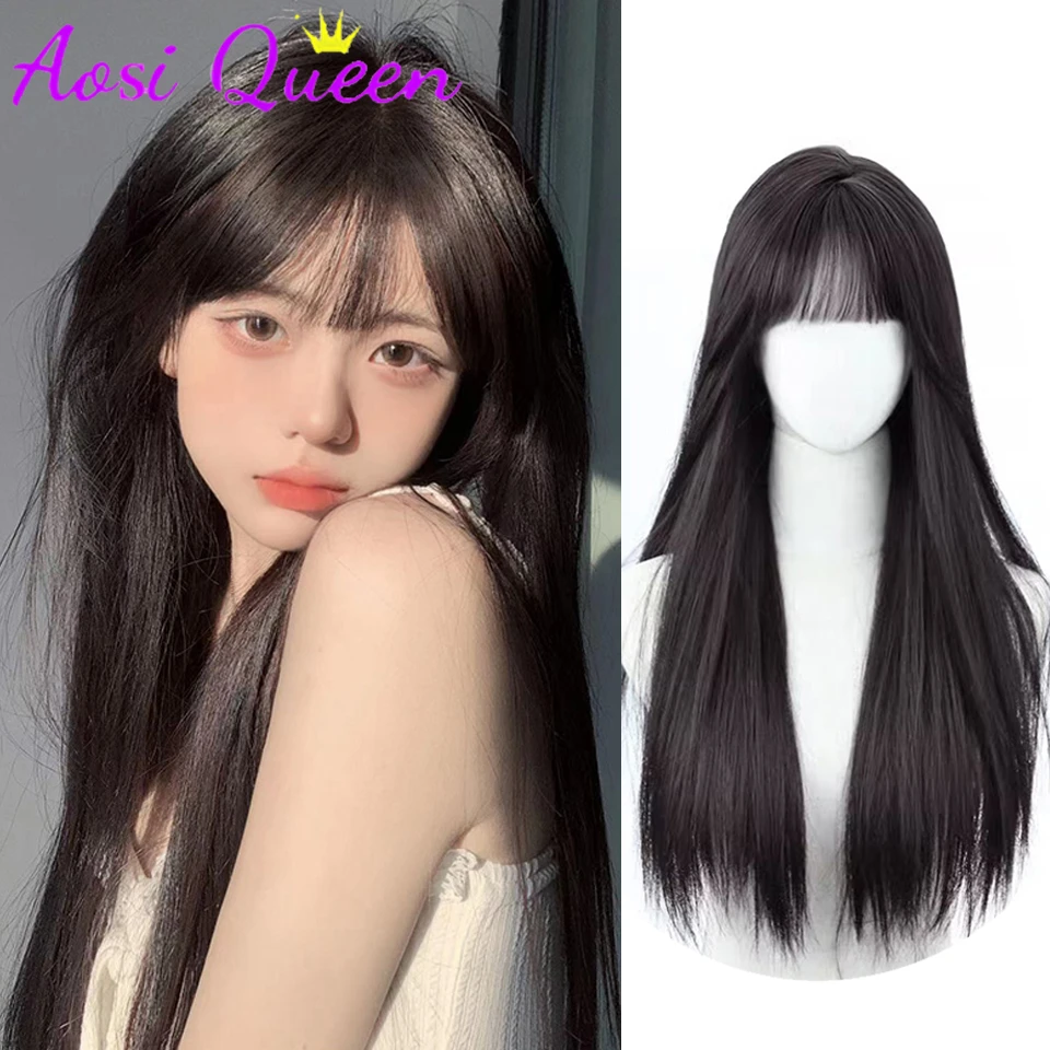 

AOSI Synthetic Wig Female Air Bangs Long Hair Lolita Long Straight Hair COS Daily Heat-resistant Chemical Fiber Wig