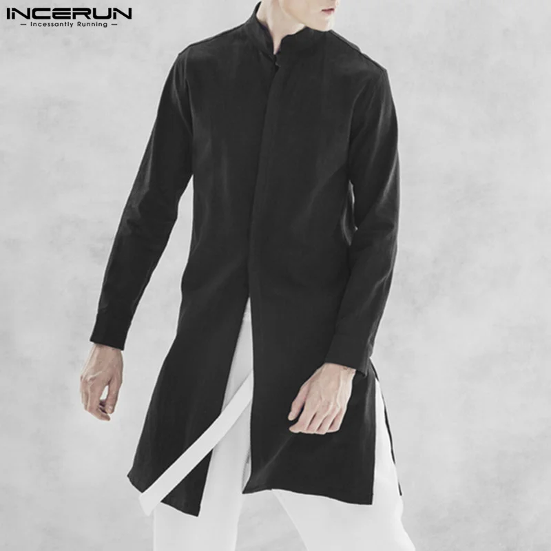 

2025Men Long Style Shirt Solid Color Stand Collar Long Sleeve Male Shirts Streetwear Cotton Fashion Men Clothing INCERUN S-5XL
