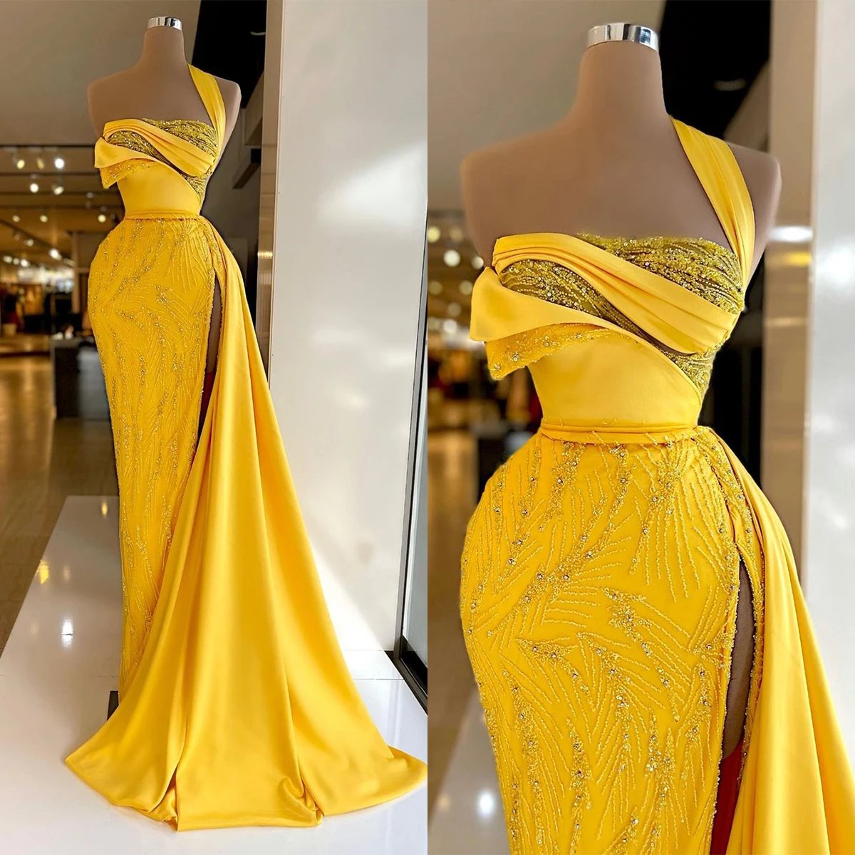 

Luxury Evening Dresses Sexy Sweetheart One Shoulder High Split Appliqued Lace Prom Gowns Custom Made Sweep Train Robe De Soirée