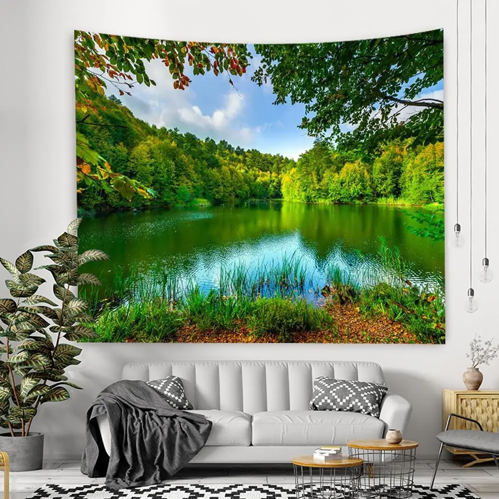 Large Nature Tapestry Forest Lake Woodland Landscape Wall Hanging Decor Art Green Mural for Home Living Room Bedroom Rustic