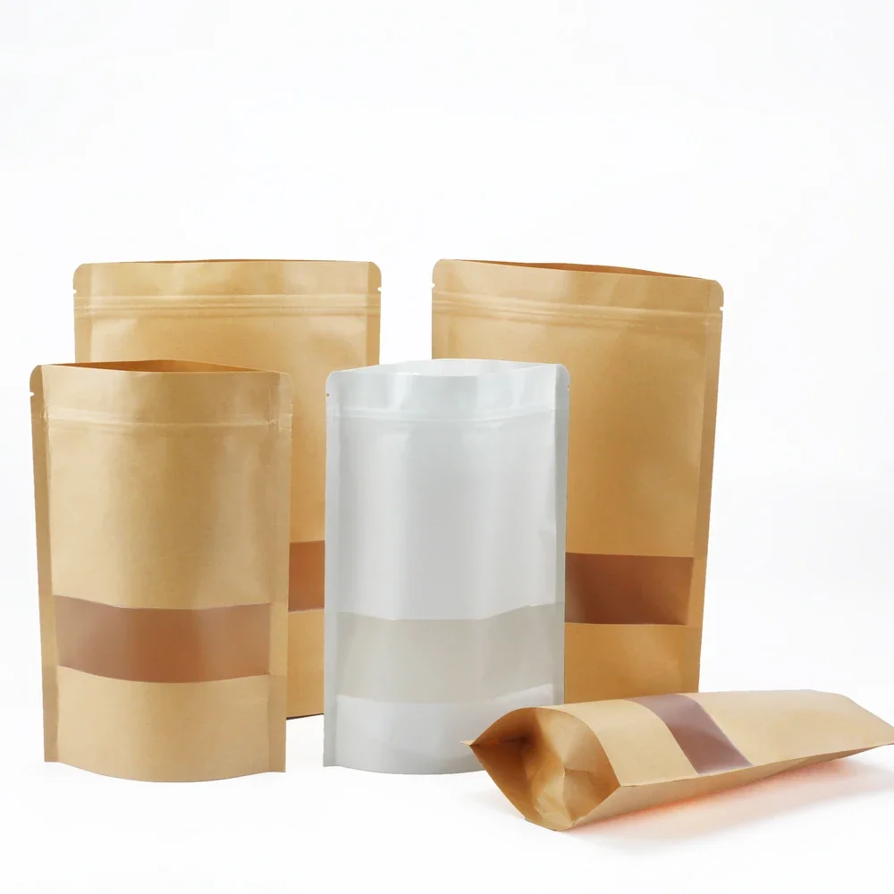 100 Stück Zip-Lock-Verpackungsbeutel aus Kraftpapier, Standbeutel mit Fenster und Reißverschluss, Verpackungsbeutel für Kleinunternehmen – Detail 4