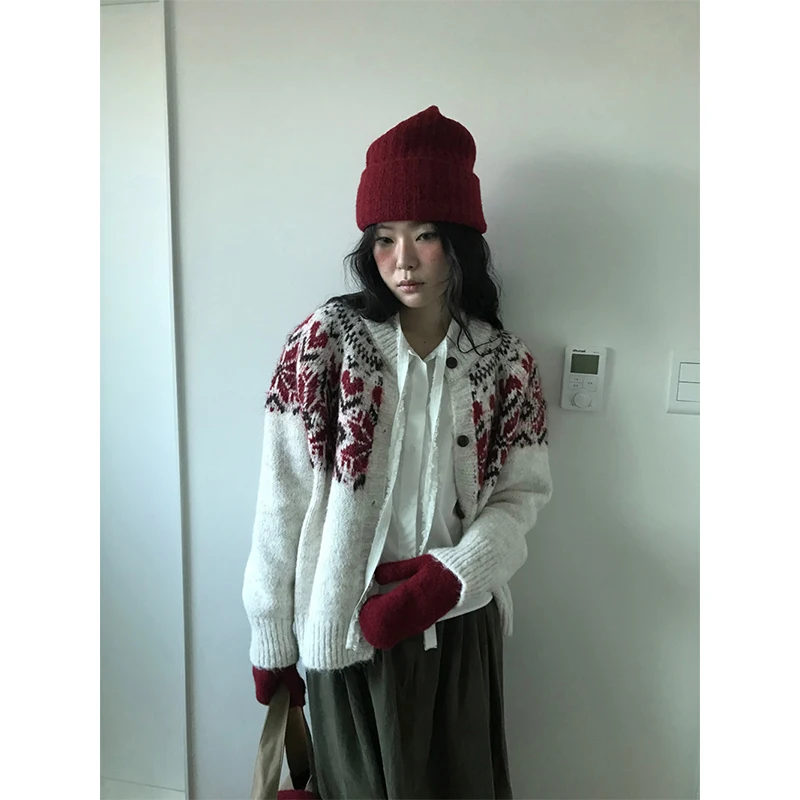 MEXZT-cárdigan de punto con estampado Vintage para mujer, suéter de manga larga Harajuku, prendas de vestir exteriores, prendas de punto holgadas coreanas, jerséis de Otoño Invierno