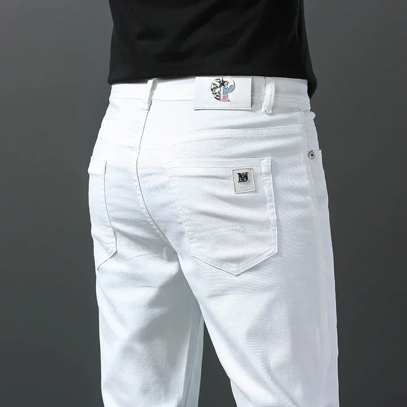 2024 Primavera Verano nuevo 98% algodón hombres pantalones vaqueros ajustados rectos Casual moda lápiz pantalones de alta calidad ropa masculina blanco