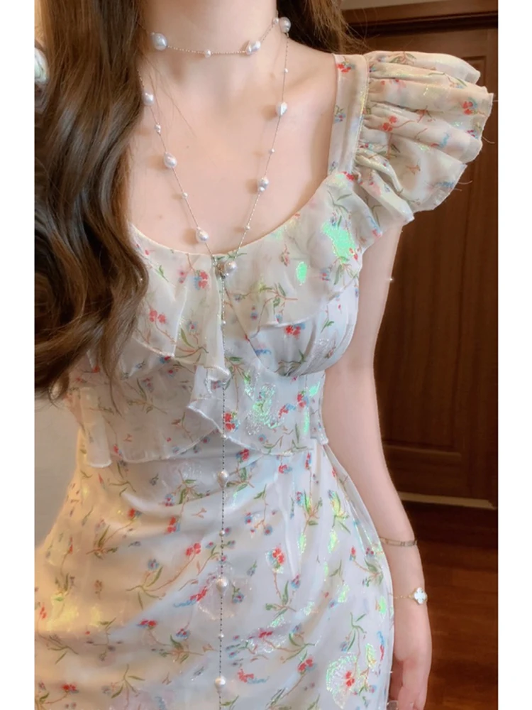 

SYJ Comfortable Floral Print Maxi Dr Square Collar Bell Sve Waist Cinched Holiday Long Dr plus Size Korean Sle A-L...