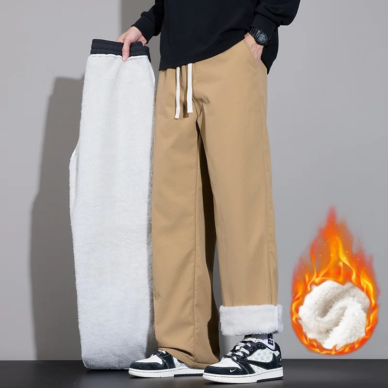 

Зимние мужские флисовые повседневные брюки цвета хаки, свободные прямые теплые утолщенные широкие брюки, флисовые брюки на уличной подкладке в корейском стиле