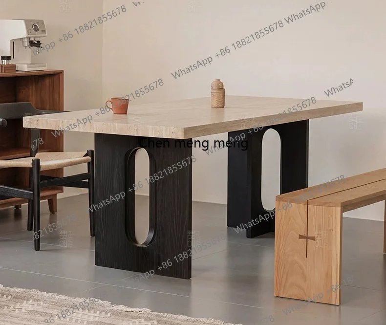 French retro bottom hanging beige travertine rock slab dining table, antique style, household solid wood rock slab dining table