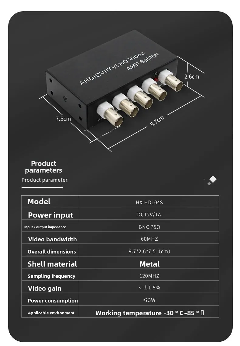 Nuovo segnale 1 in 4 out AHD/CVI/TVI Video Splitter Telecamera coassiale HD, Nero