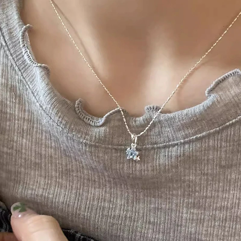 

925 Sterling Silver Star Necklace Personality Charm Blue Geometric Shape Pendant Choker Birthday Gift Women's Exquisite Jewelry