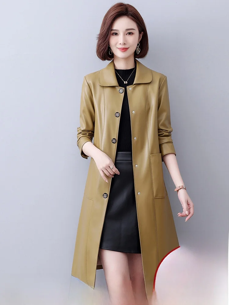 秋冬レディーススリムフィットロングシープスキンレザージャケットミッドレングスコートスリーカジュアルアウターウェア通気性ファッショナブル