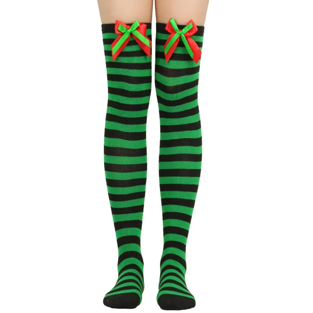 Christmas Themed Knee-length Socks Winter Christmas Socks with Bow Decor Contrast Color Stripes Knee Length for Fall for Women