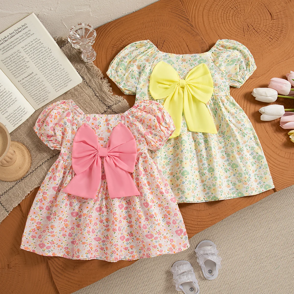 

Baby Clothes Girl Summer Full Printed With Bow Decoration Girls' Dresses Cute Coolred Girl Kid's Dress Children's Princess Dress