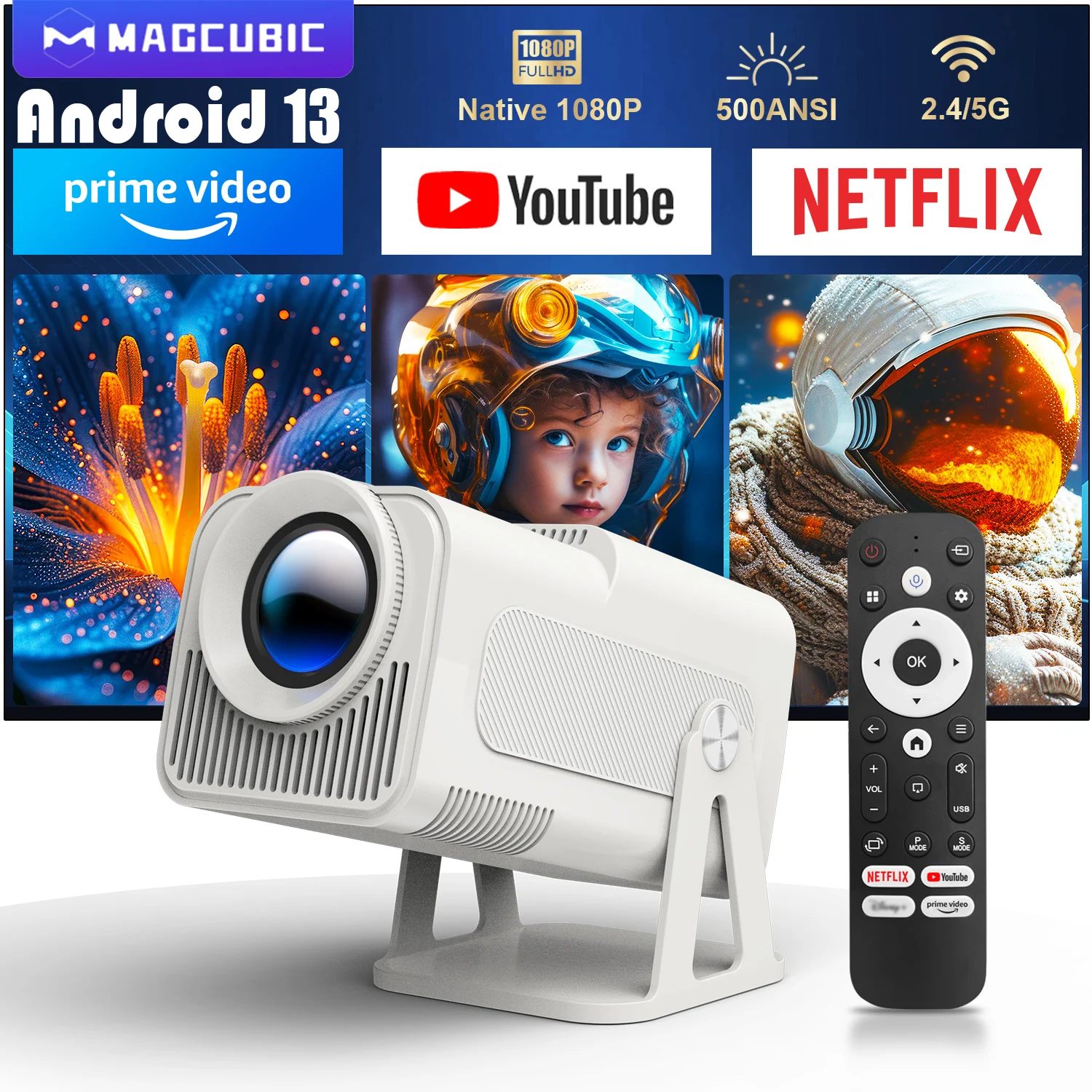 Projecteur Magcubic Mini sous licence Netflix avec Wifi BT5.2 1080P HY320 NTV, correction automatique de la distorsion trapézoïdale, commande vocale, applications intégrées