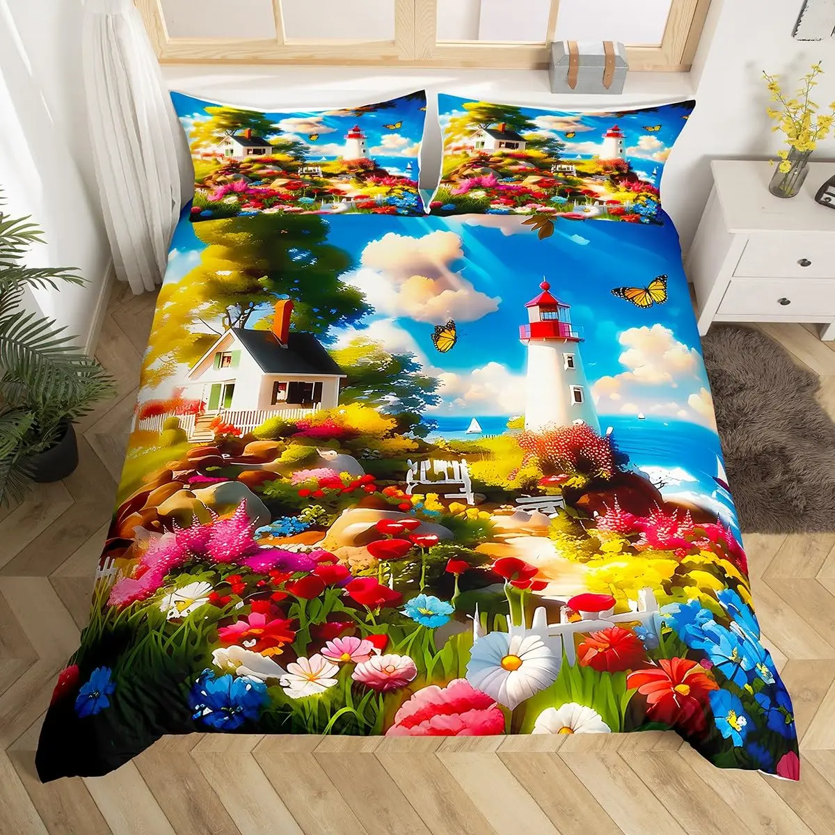 

Пододеяльник Ocean Beach, полный маяк, пододеяльник с цветочным принтом и бабочкой, комплект постельного белья для взрослых и детей, пододеяльник для летних каникул