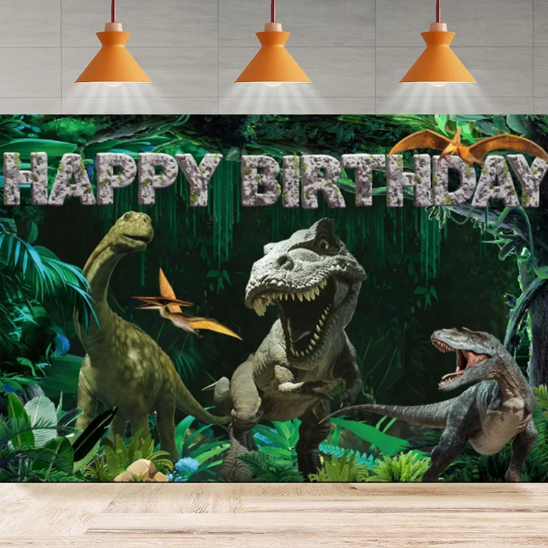 

Jurassic Dinosaur Theme Happy Birthday Photography Backdrop Banner For Boys Or Girls Baby Shower Party Or Jurassic Background