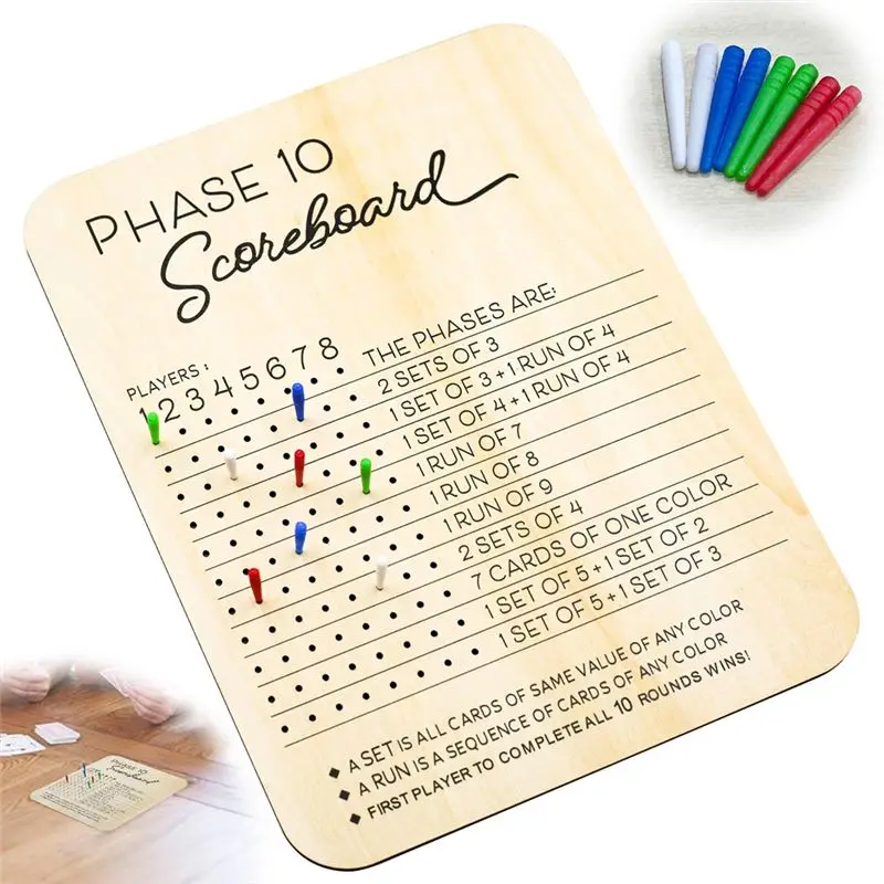ABUM-With 8 Colored Pegs Phase 10 Scoreboard For Card Games Score Sheets Board And Round Tracker For Party Adult Table Score Boa