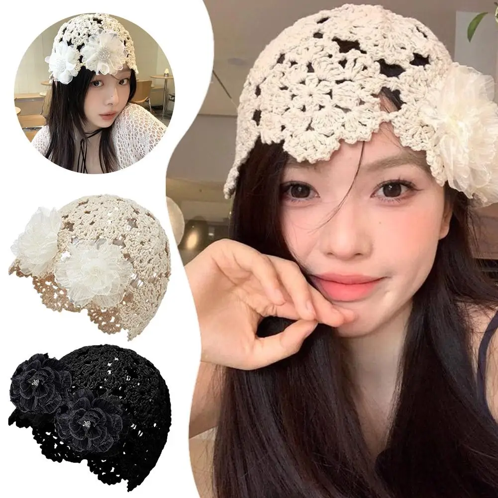 Korean Girls Hollow Out Flower Knittd Cap Fashion Solid Hat Carved Style Flower Casual Hats Sweety Elegant Party Camping H1j7