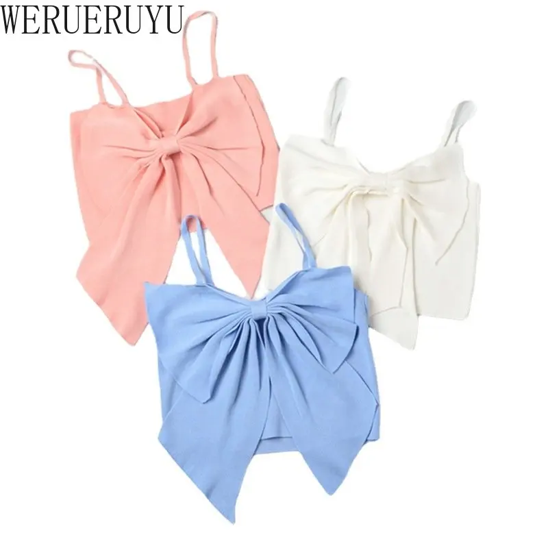 Summer Bow Crop Top Women Y2k Streetwear Clothes Korean Fashion Vest Blue White Pink Sleeveless Cute Tank Tops for Woman 2023