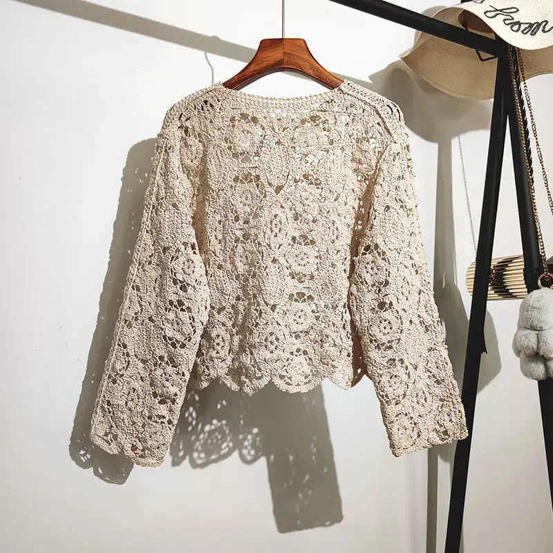 2024 Lace Small Shawl Cotton Cardigan female spring and summer o neck long sleeve solid casual Versatile Hollow Cardigan Female