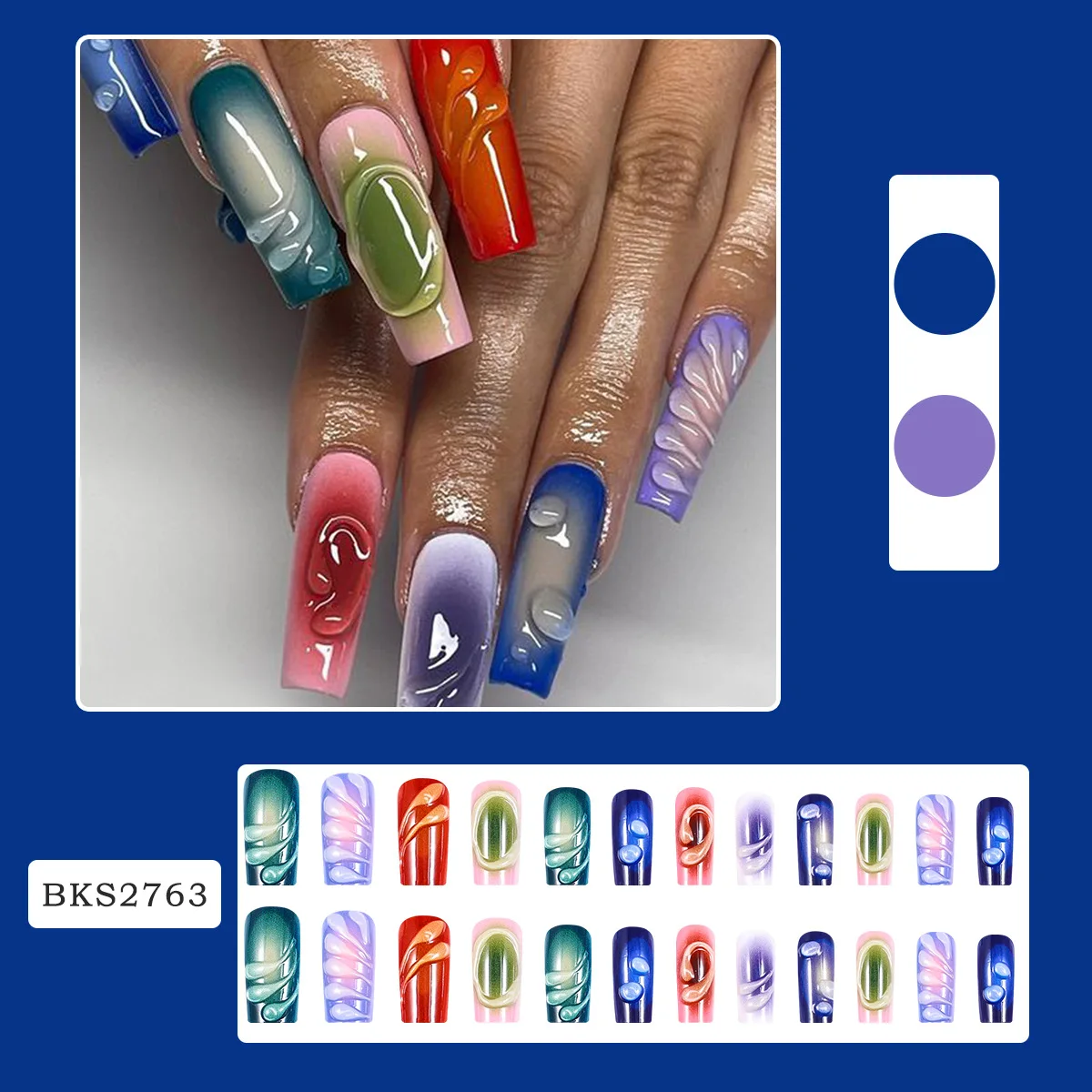 Unhas acrílicas falsas com cola, Imprensa longa na forma do caixão, Unhas falsas 3D, Unhas coloridas da bailarina, Unhas falsas de cobertura completa