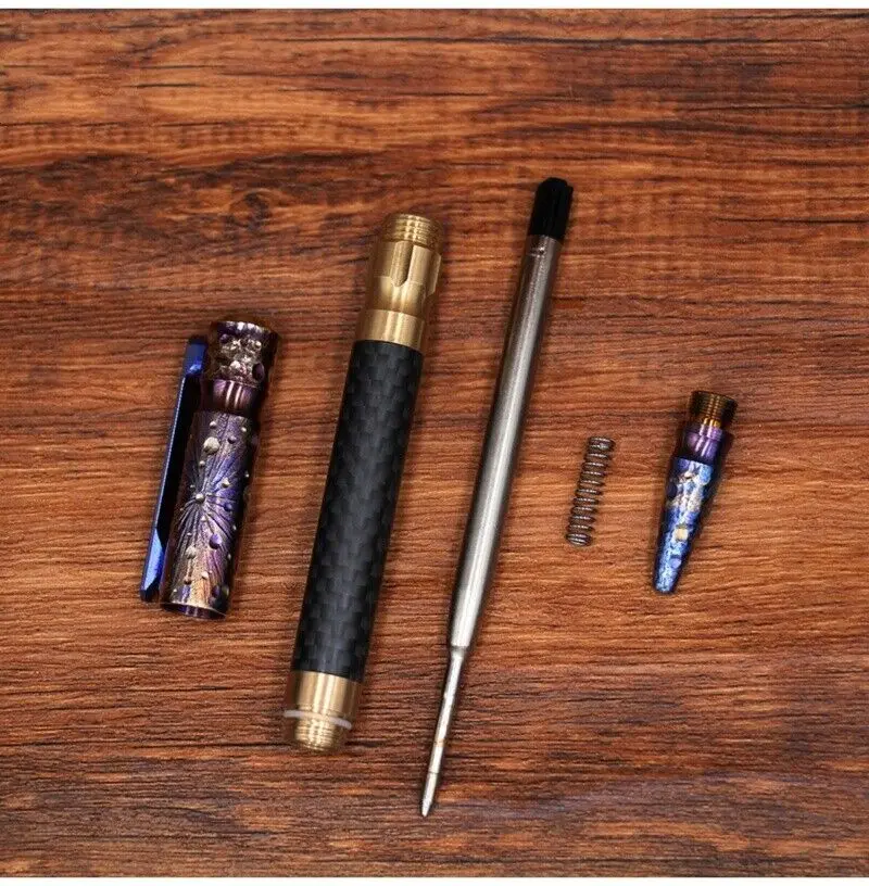 1PC Handmade Titanium Brass Carbon Fibre Ballpoint Pen EDC Signature Writing Pocket Collectible Pen Gift