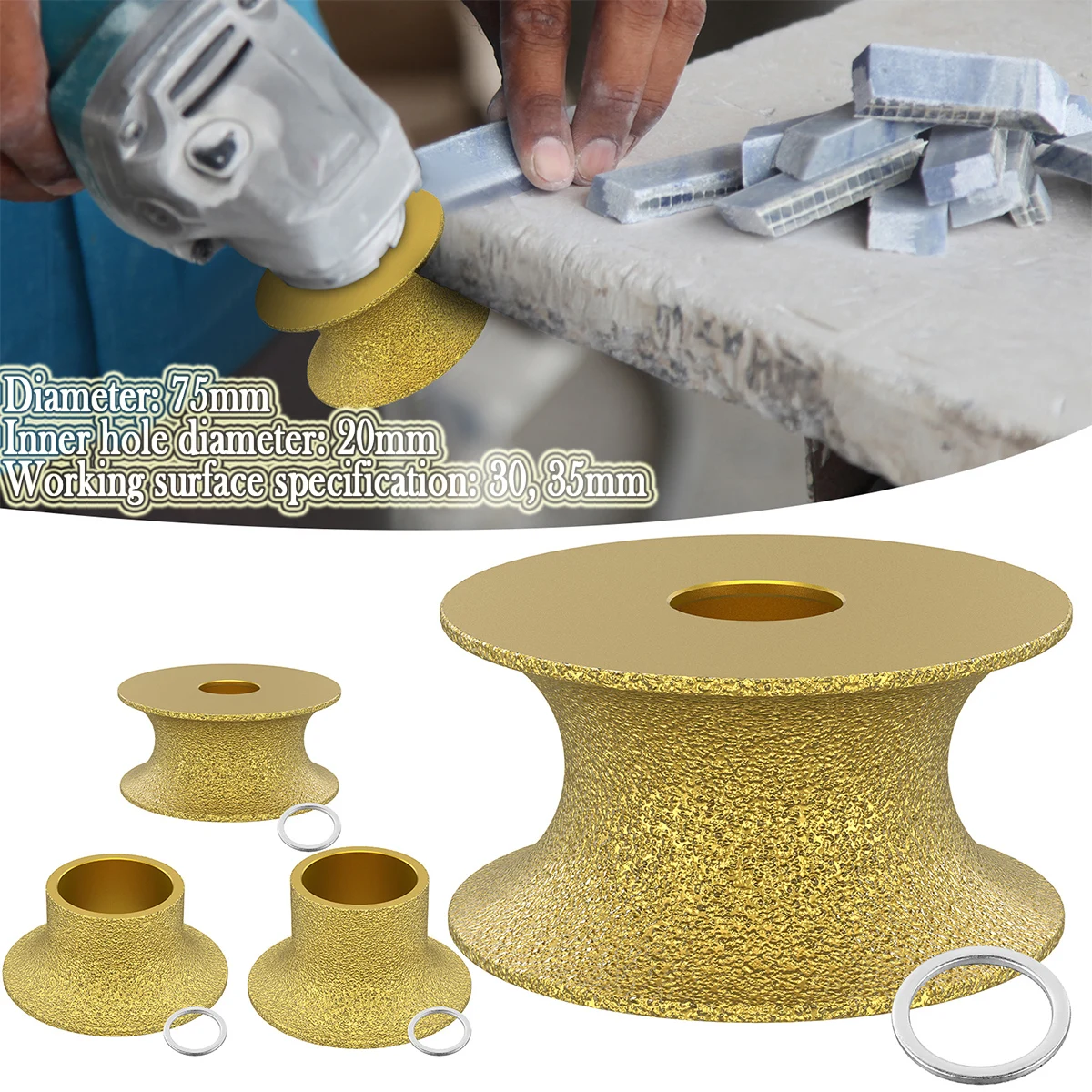 

3in Dia Vacuum Brazed Diamond Grinding Wheel 20mm Bore Dia Demi-Bullnose Marble Stone Edge Profile Grinding Disc 46 Grit