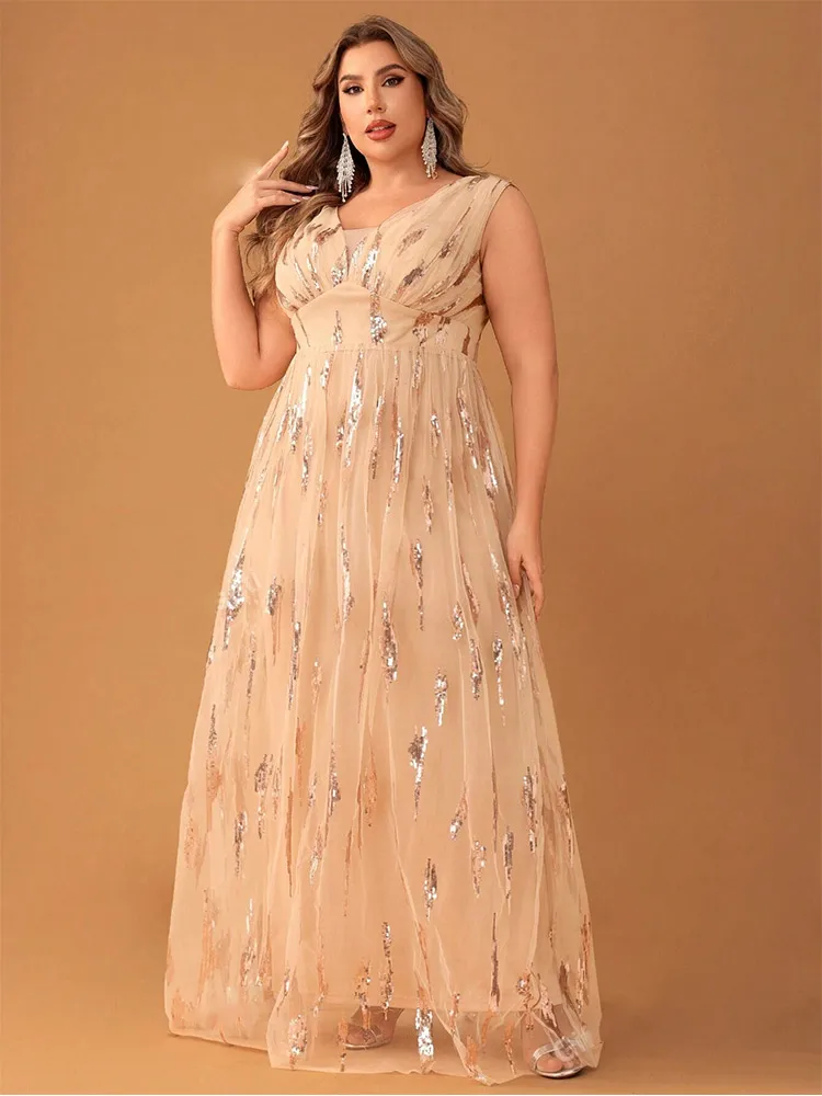 

Plus Size V-neck Apricot Sleeveless Luxury Ball Party Evening Dress 4XL 5XL Big Size Sequined Mesh Luxury Prom Gown