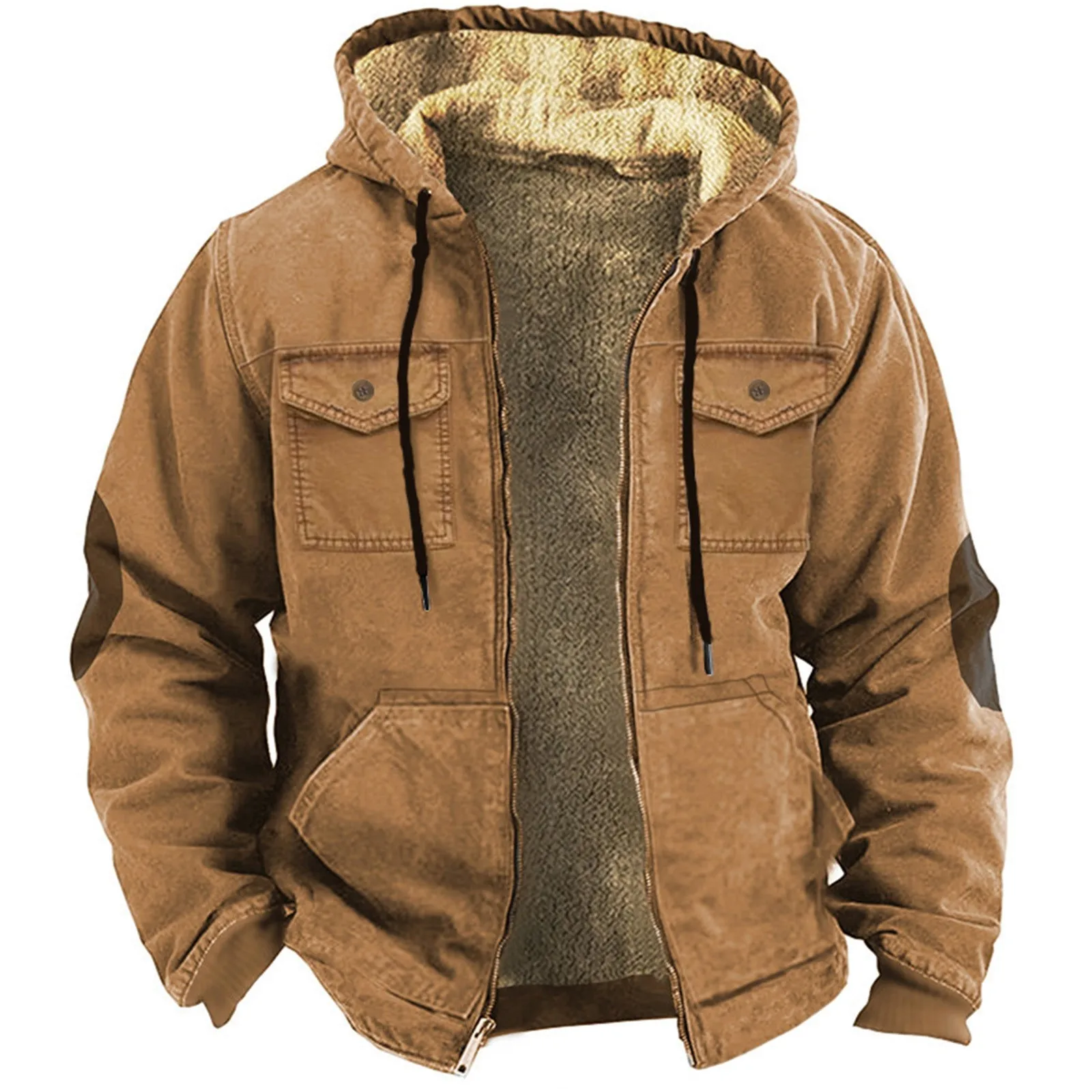 Men Hooded Lambs Wool Lining Coat Thicken Full Zipper Brown Vintage Winter Warm Jacket Patch Design Hoodies Streetwear Trendy