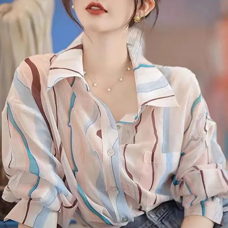 

Spring New Abstract Printing Blouse Long Sleeve Polo Neck Thin Loose All-match Elegant Shirt Tops Fashion Casual Women Clothing