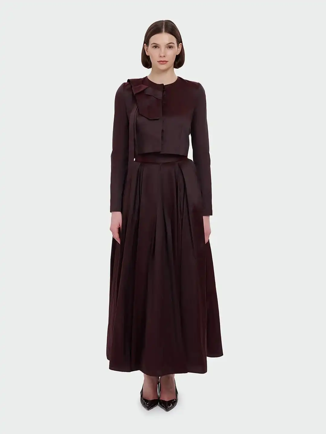 Lili's Couture Collection Store Elegant Burgundy Two Piece Set With Bow Detail Long Sleeve Crop Top & High Waist Maxi Skirt