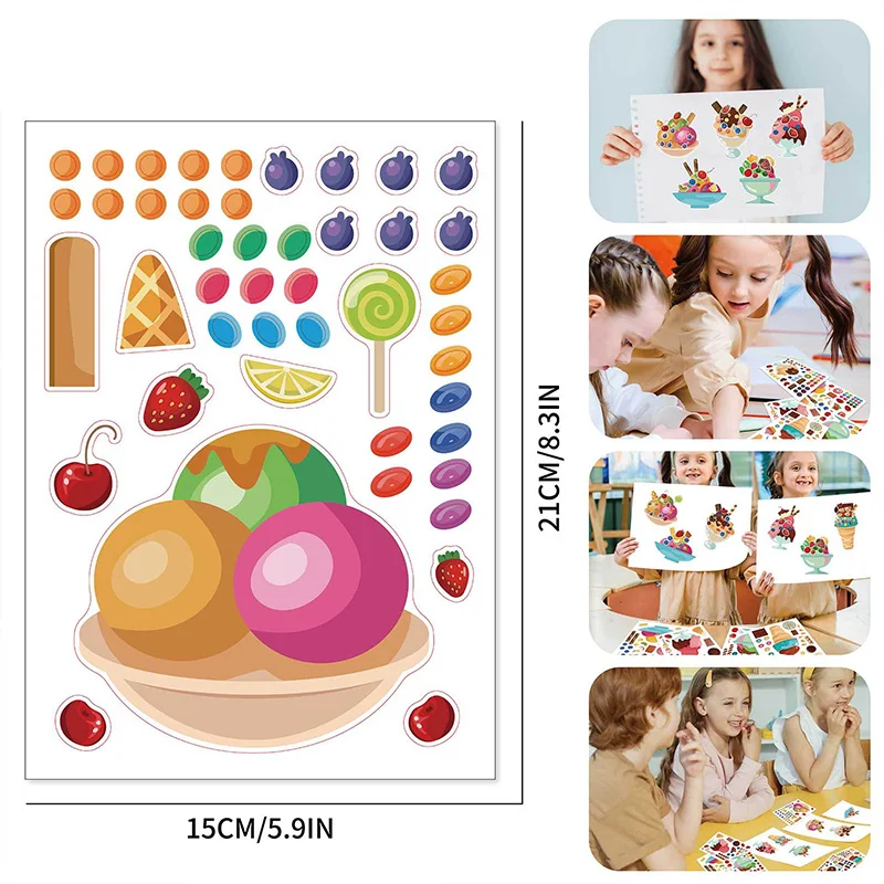 6 Sheets/Set Make a Ice Cream Candy Puzzle Stickers Children DIY Assembled Stickers Kids Gift