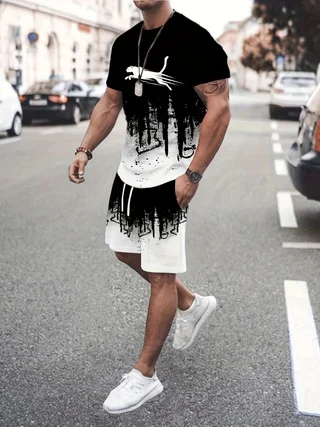 Men's sports suit, casual suit, fashionable letter printed round neck short sleeved T-shirt, men's loose drawstring pocket short