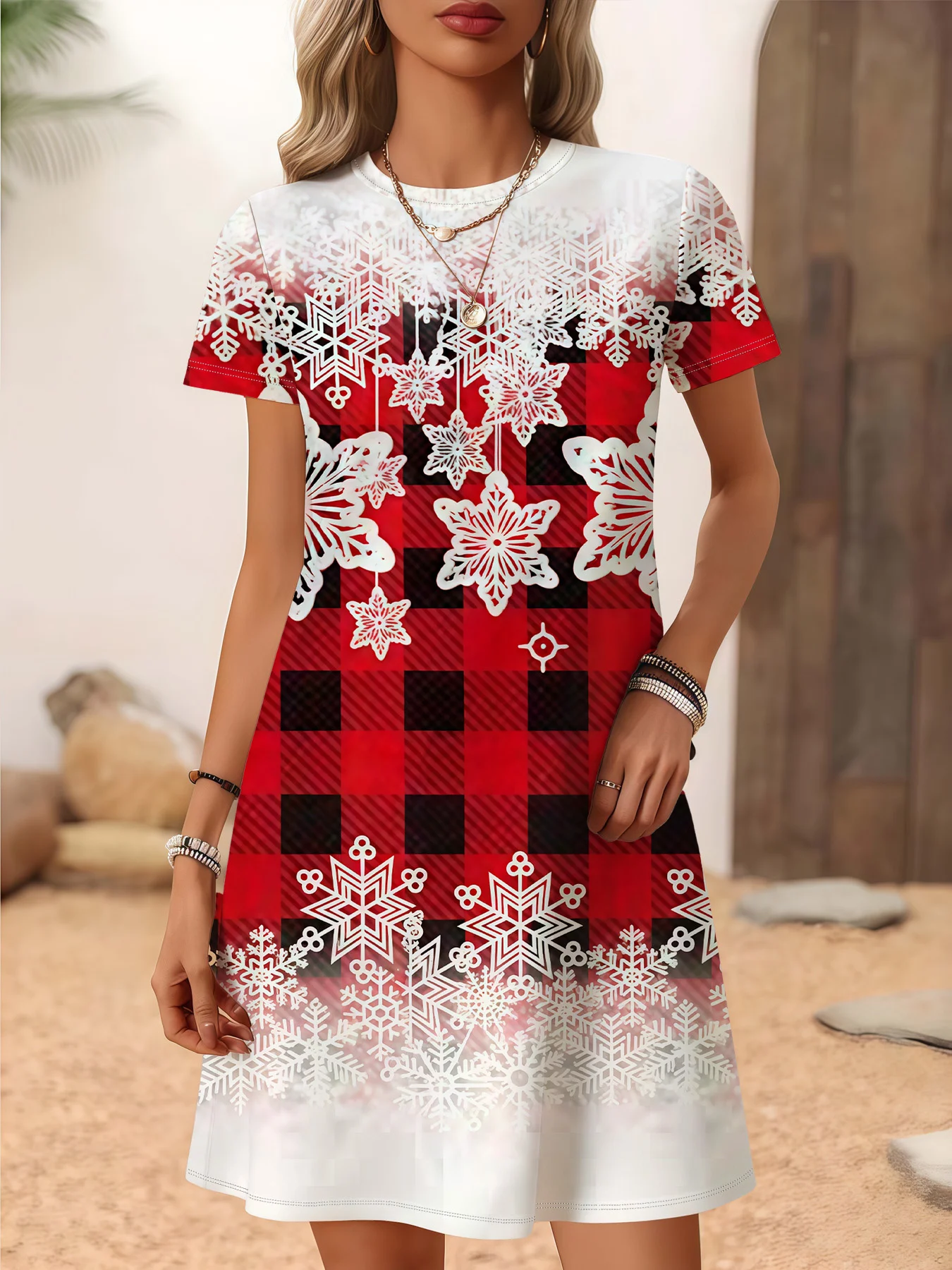    Damen Maxikleid Rot Schwarz Kariert Schneeflockendruck Kurzarm A-Linie Kleid Weihnachten Party Outfit Kleid Y2k Neujahr Tops
