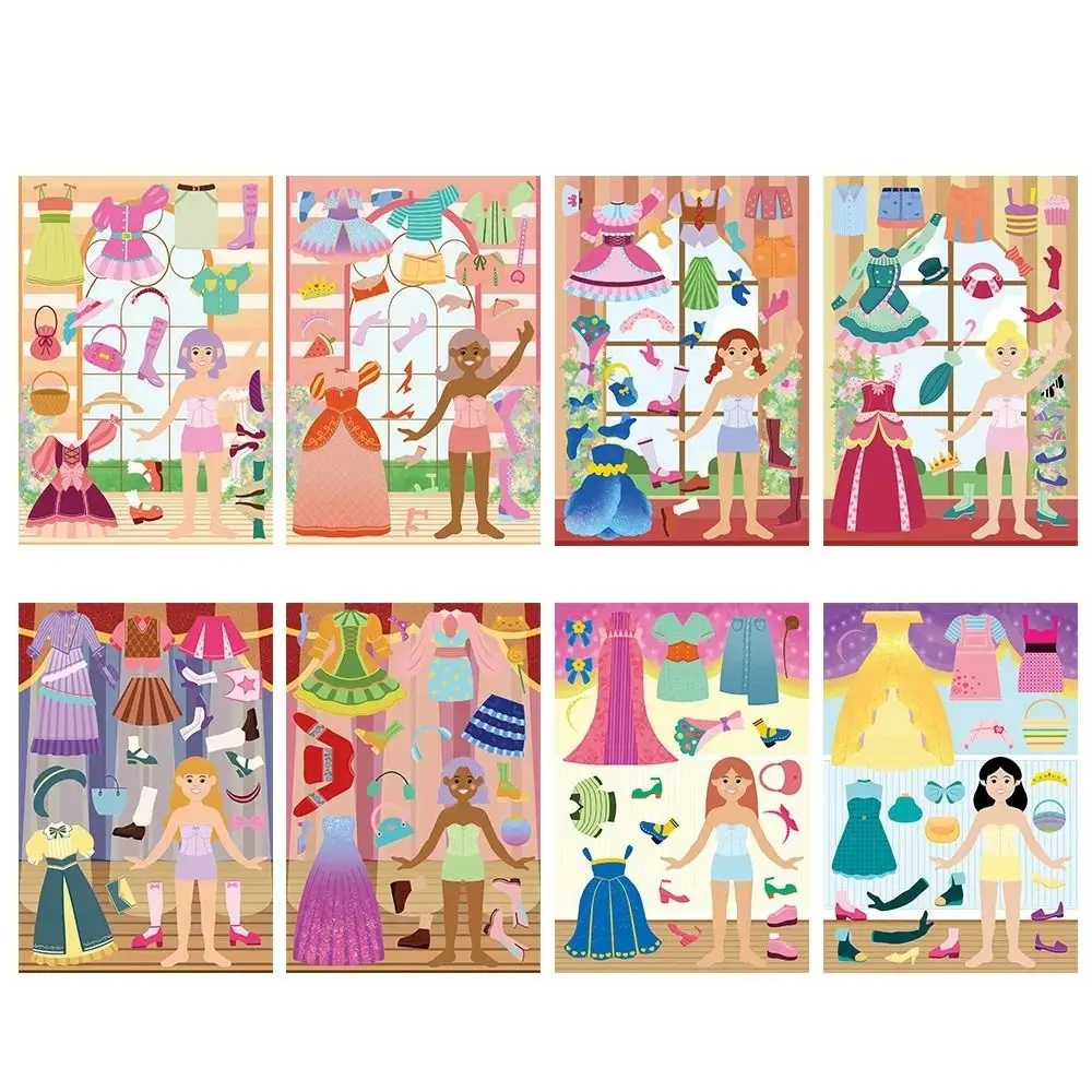 8PCS New Cute Princess Dress Up Puzzle Stickers Reusable Creative Skateboard Stickers Cartoon Waterproof Luggage Sticker