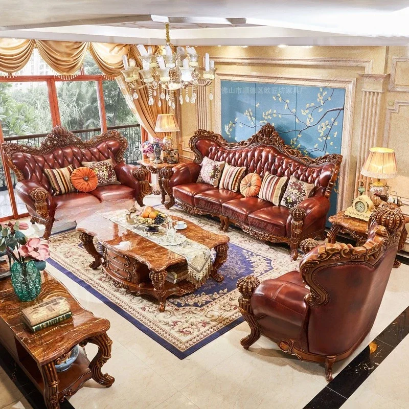 

European solid wood carving European leather French court sofa living room cowhide sofa villa