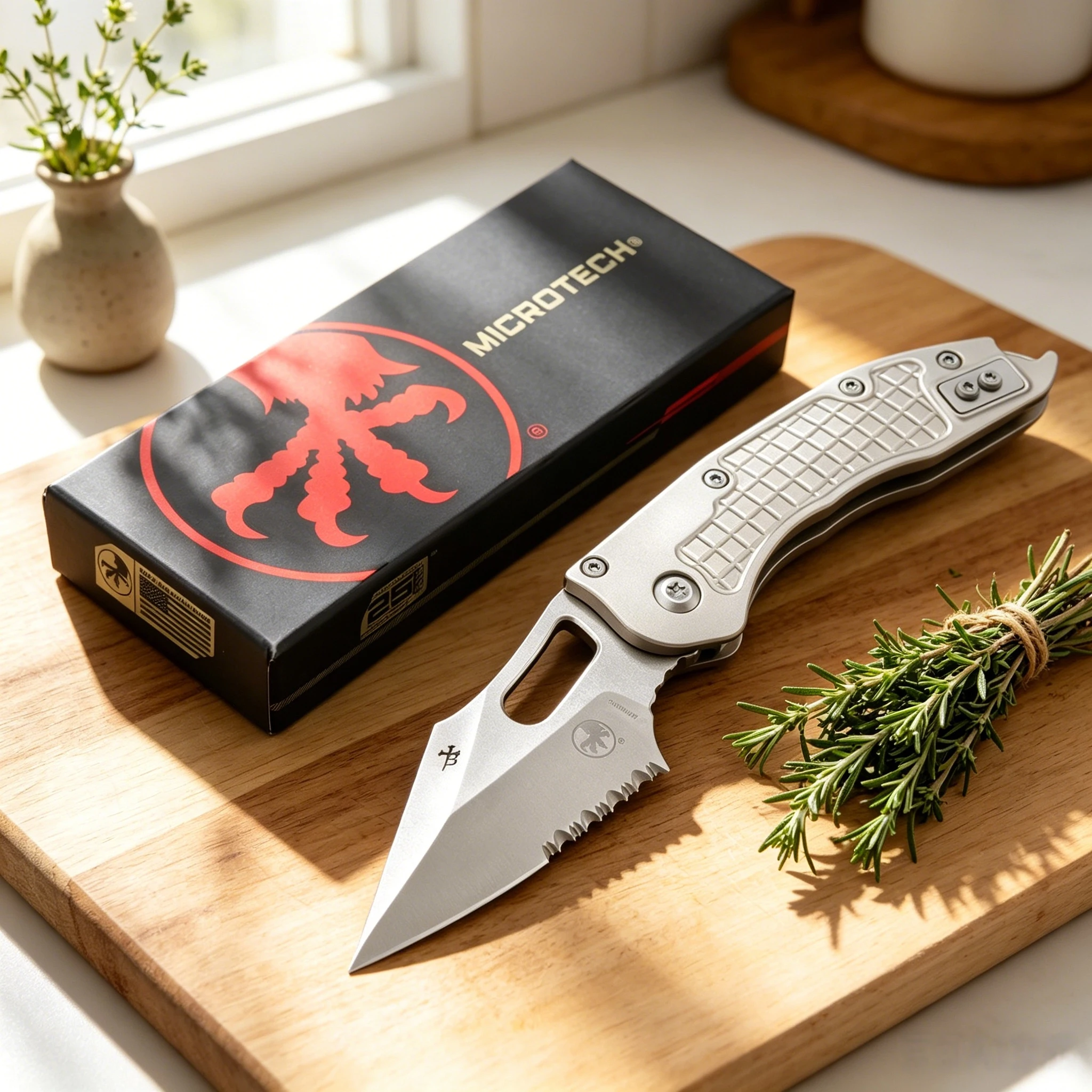Microtech - Hidden Needle - Geometric Pattern Folding Knife, Made of M390MK Steel, Titanium Alloy Handle, EDC Collection Knife