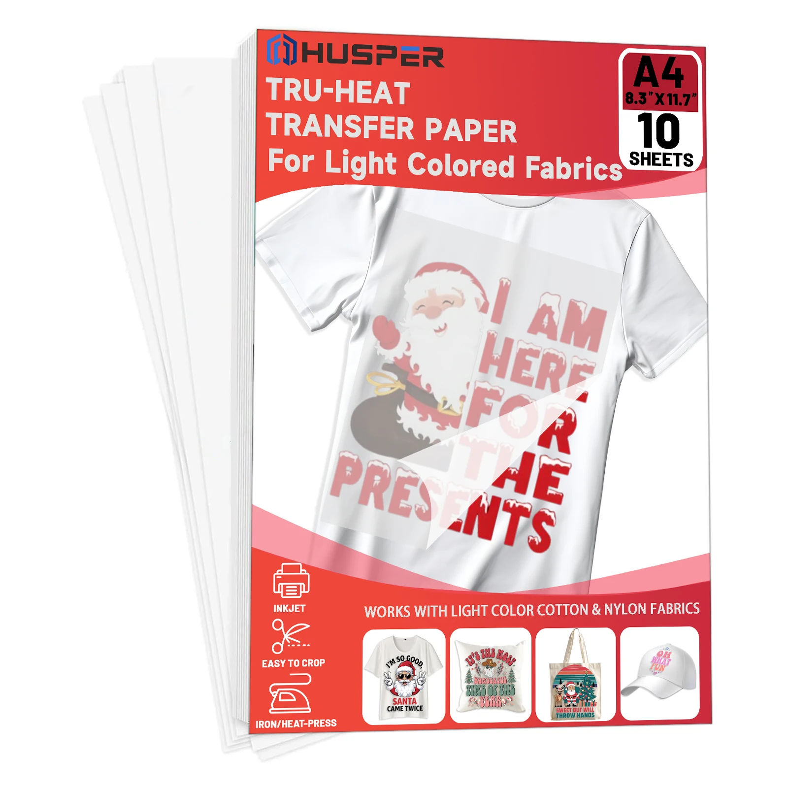 10 أوراق مقاس A4 حديد على ورق نقل للتي شيرت الخفيف مقاس 8.3 × 11.7 بوصة ورق نقل الحرارة للطابعة النافثة للحبر، سهل الاستخدام