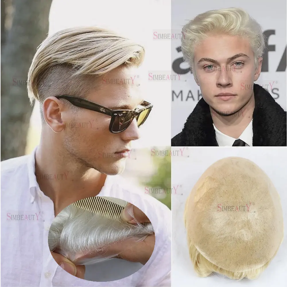 #613 Blonde Toupet Mannen Haarstuk Zachte Zijde Duurzame Dunne Huid V Lus 0.02 Mm Volledige Huid Menselijk Haar Capillair Prothesesysteem