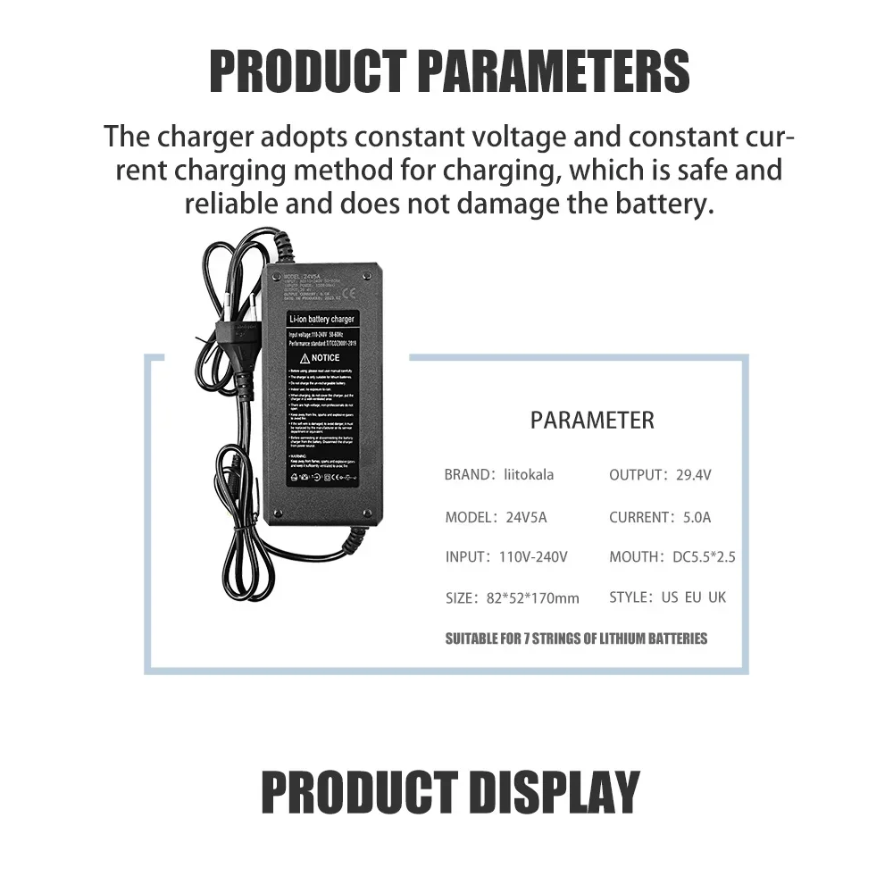 LiitoKala 29.4V 2A/5A 7S lithium battery charger for 24V 5A lithium battery pack connector charger