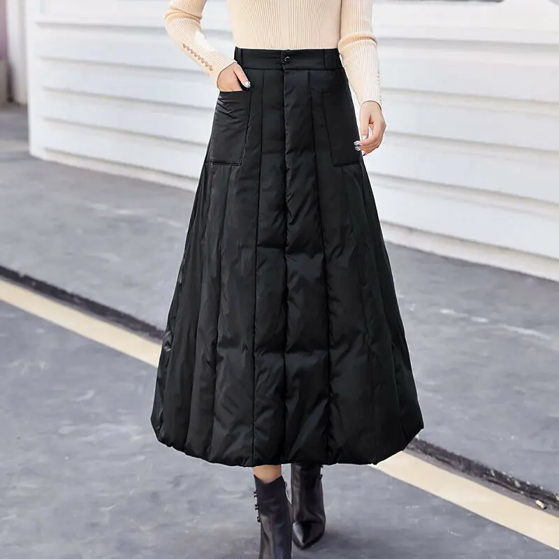 Women's  Fashion Winter Skirt Windproof  Warm Down Cotton Skirt Elegant High Waist Mid-Calf Quilted Padded Pocket Skirts