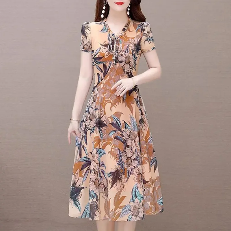 Women's Elegant Ruffle Collar Tie Bow Floral Dress Summer New Vintage Dress