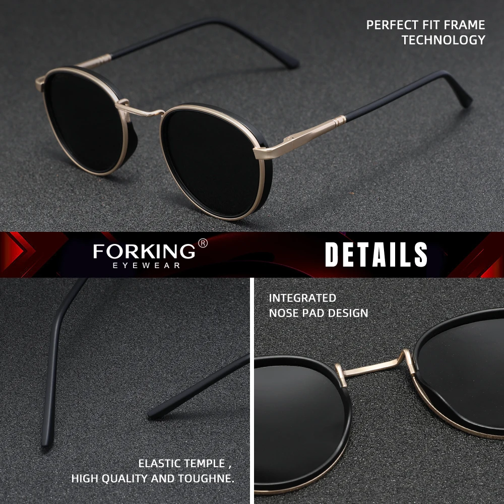FORKING Causal Retro-Sonnenbrille mit rundem Rahmen für Herren, polarisiert, UV400-Schutz, Brillenzubehör, Oculos – Detail 1